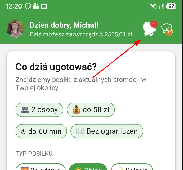 Ekran główny aplikacji PromoChef ze strzałką wskazującą ikonę Wiadomości